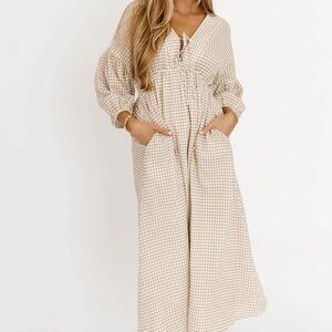 Worth Collective Hunter Printed Gauze Midi Dress - Natural Plaid - Bump Friendly